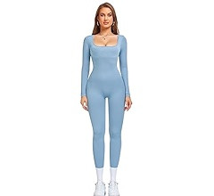 OLCHEE Womens Long Sleeve Workout Jumpsuit Square Neck Ribbed Seamless Yoga Romper Sexy Bodycon T... | Amazon (US)