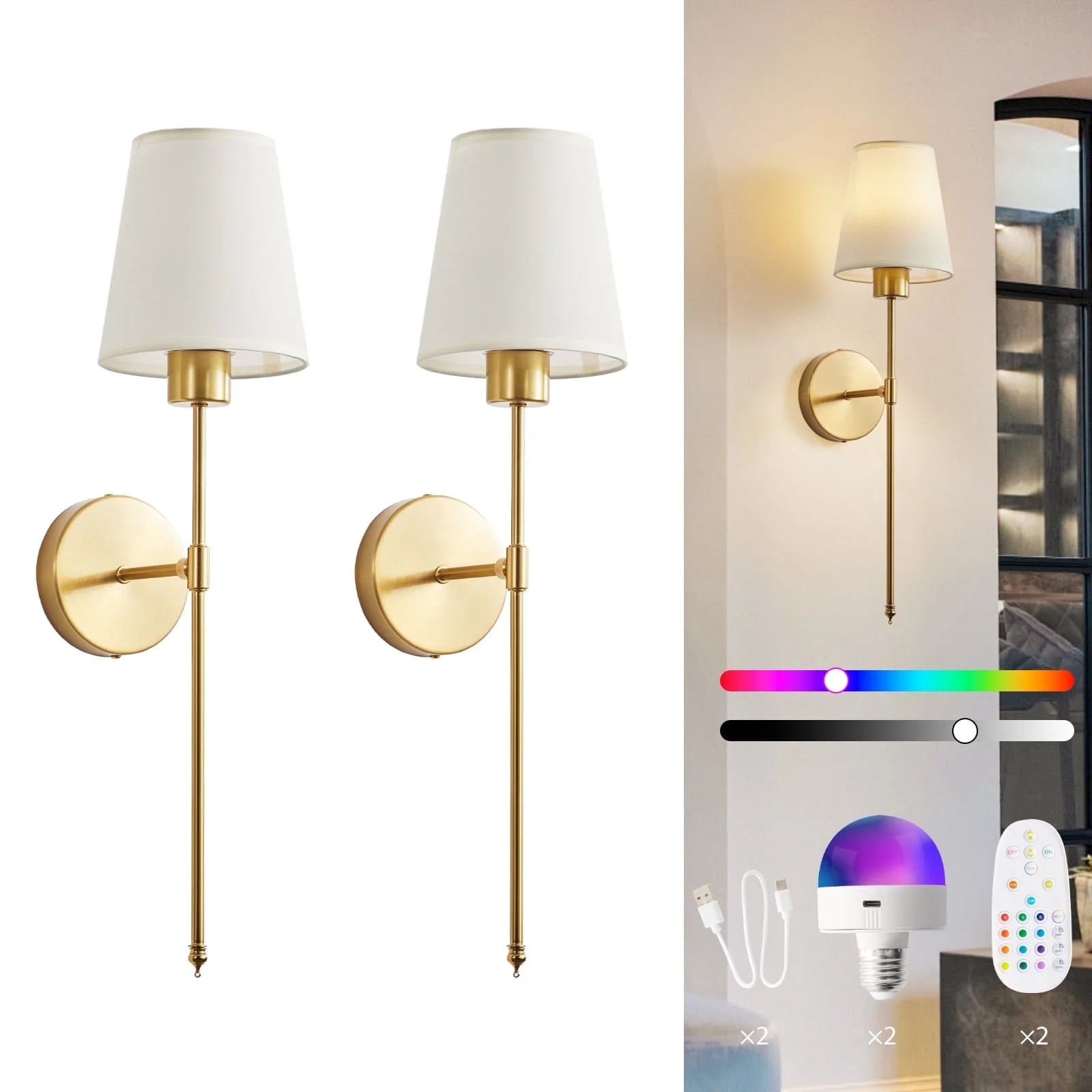 Wireless Rechargeable Wall Sconce Set of 2, RGB Dimmable Light with 15 Colors and Remote Control,... | Walmart (US)