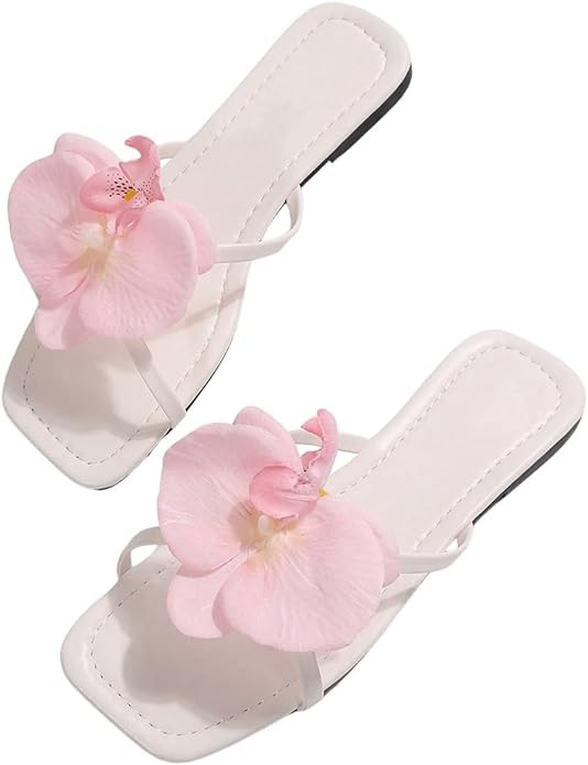 GORGLITTER Women's 3D Flower Sandals Dressy Square Open Toe Floral Flat Sandals Summer Beach Vaca... | Amazon (US)