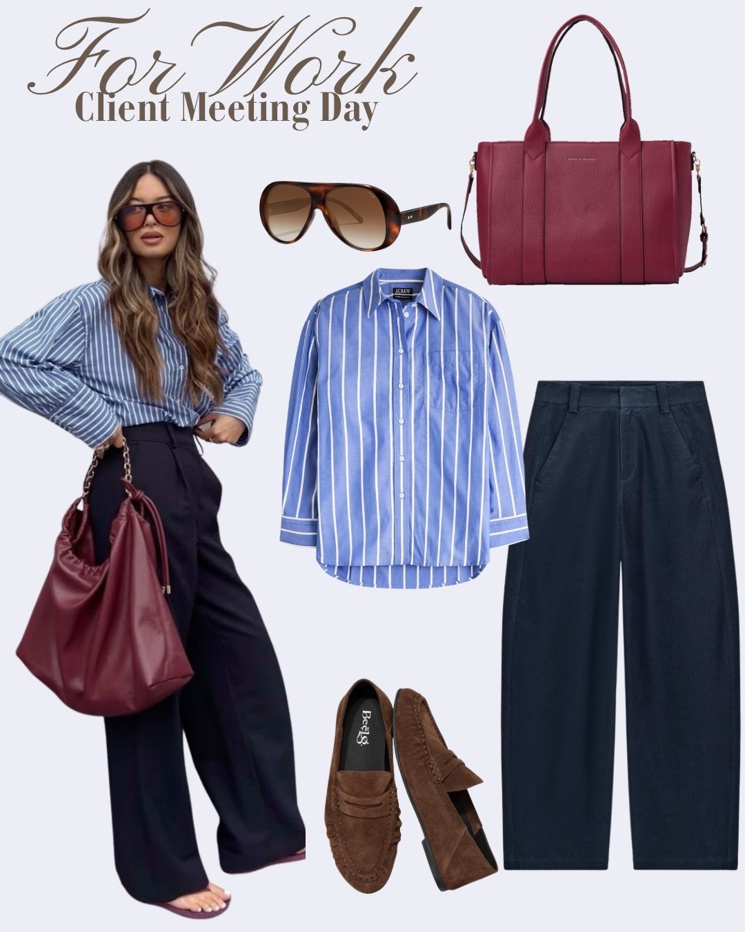 Client meeting day calls for an outfit that does half the work for you. Barrel leg trousers + an oversized striped button-down is the combination that reads “I’m professional and I have a personality” without trying too hard. Navy wide leg pants, J.Crew striped shirt half-tucked, brown suede penny loafers, tortoiseshell aviators, and the wine tote doing its thing again — because a great bag is never off-duty. This is the corporate casual formula I keep coming back to. Everything linked below.
#ltk #ltkstyle #ltkworkwear #barrelpants #barrellegpants #widelegtrousers #corporateoutfit #businesscasual #clientmeetingoutfit #workwear #officeoutfit #stripedbuttondown #jcrew #quietluxury #navypants #corporatecasual #ootd