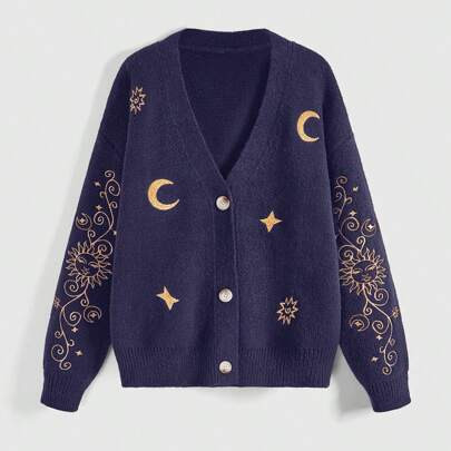 Plus Size Women's Sun, Moon And Star Embroidery Button Front Casual Cardigan Sweater | SHEIN