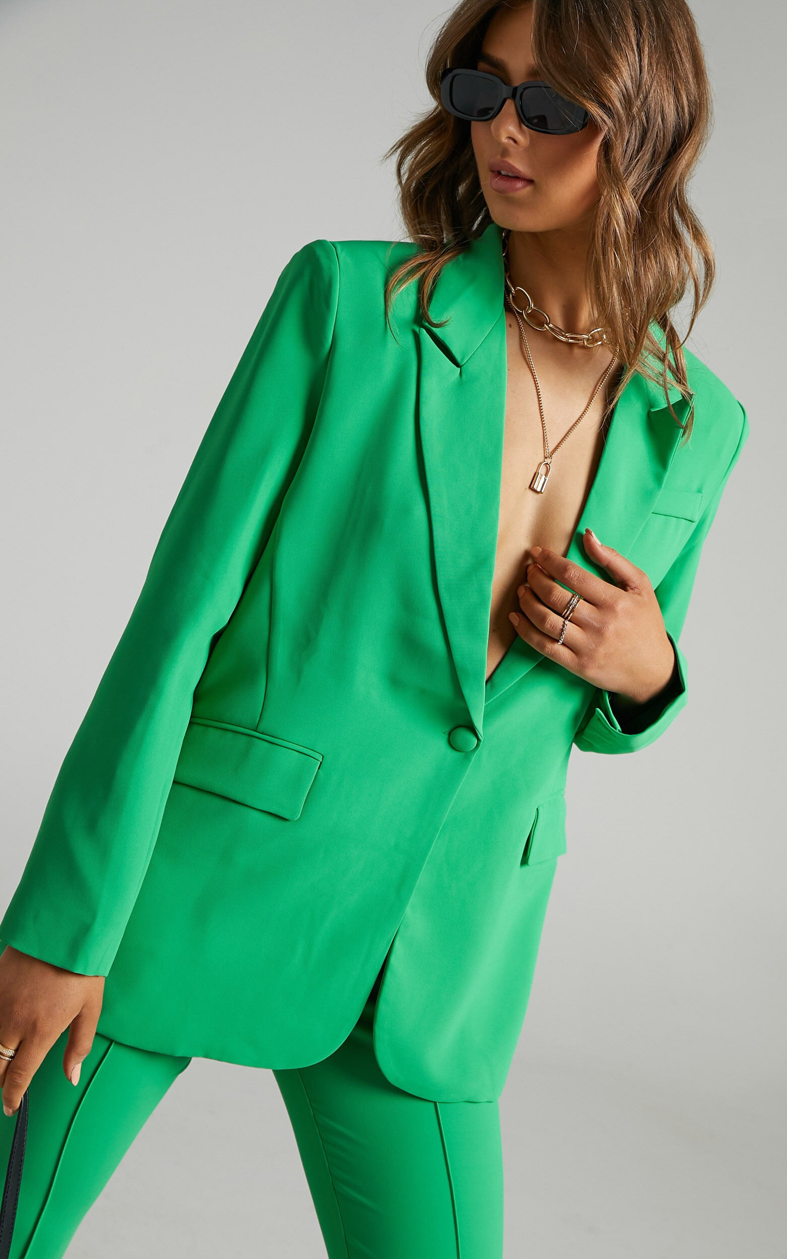 Michelle oversized plunge neckline Button Up Blazer in Green | Showpo - deactived