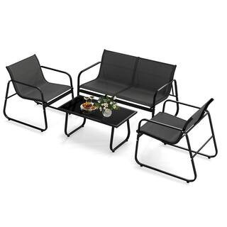 4-Piece Outdoor Furniture Metal Patio Conversation Chair & Coffee Table w/ Mesh Seat Fabric & Tempered Glass Tabletop | The Home Depot