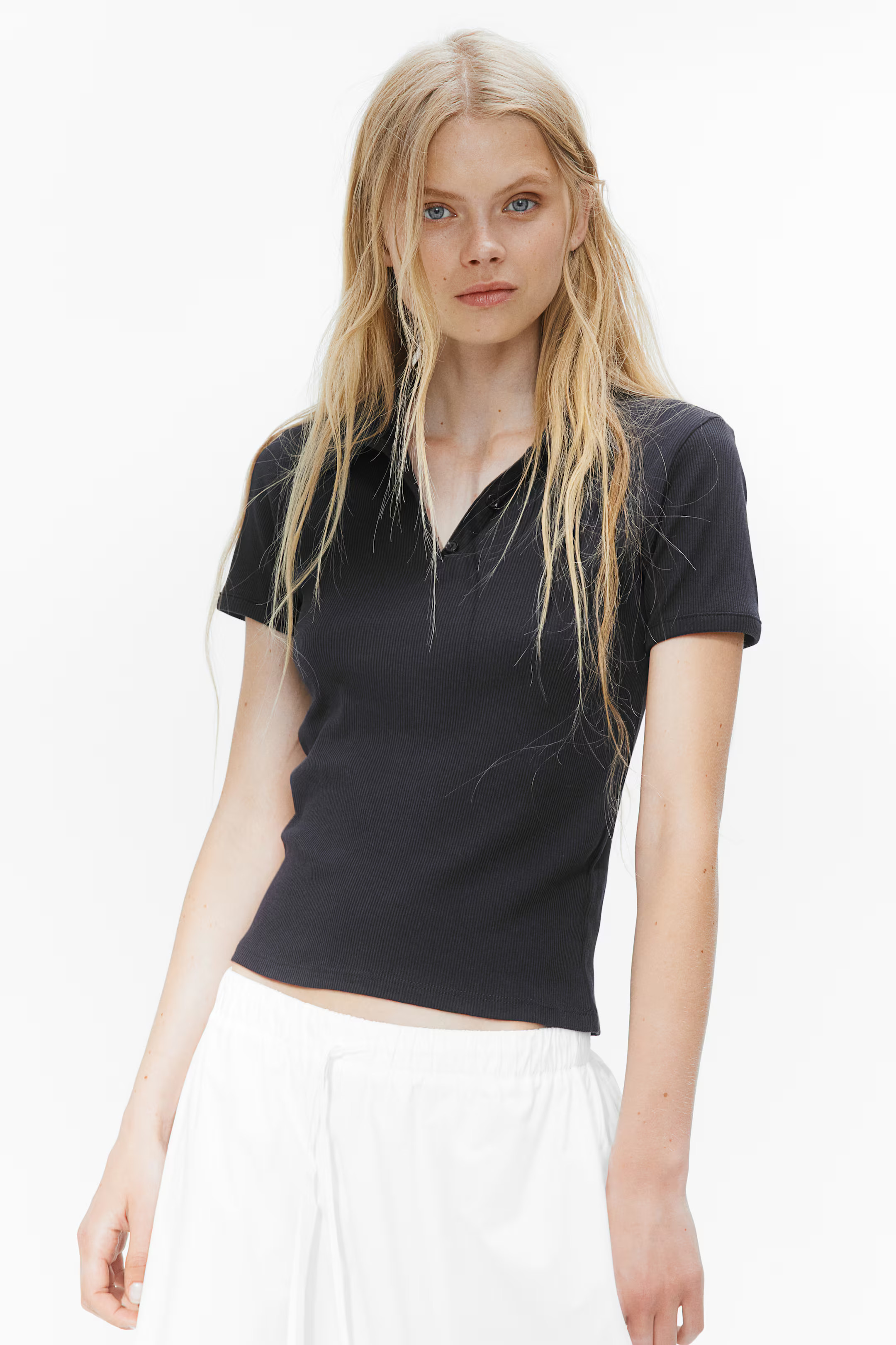 Ribbed polo shirt - White - Ladies | H&M GB | H&M (UK, MY, IN, SG, PH, TW, HK)