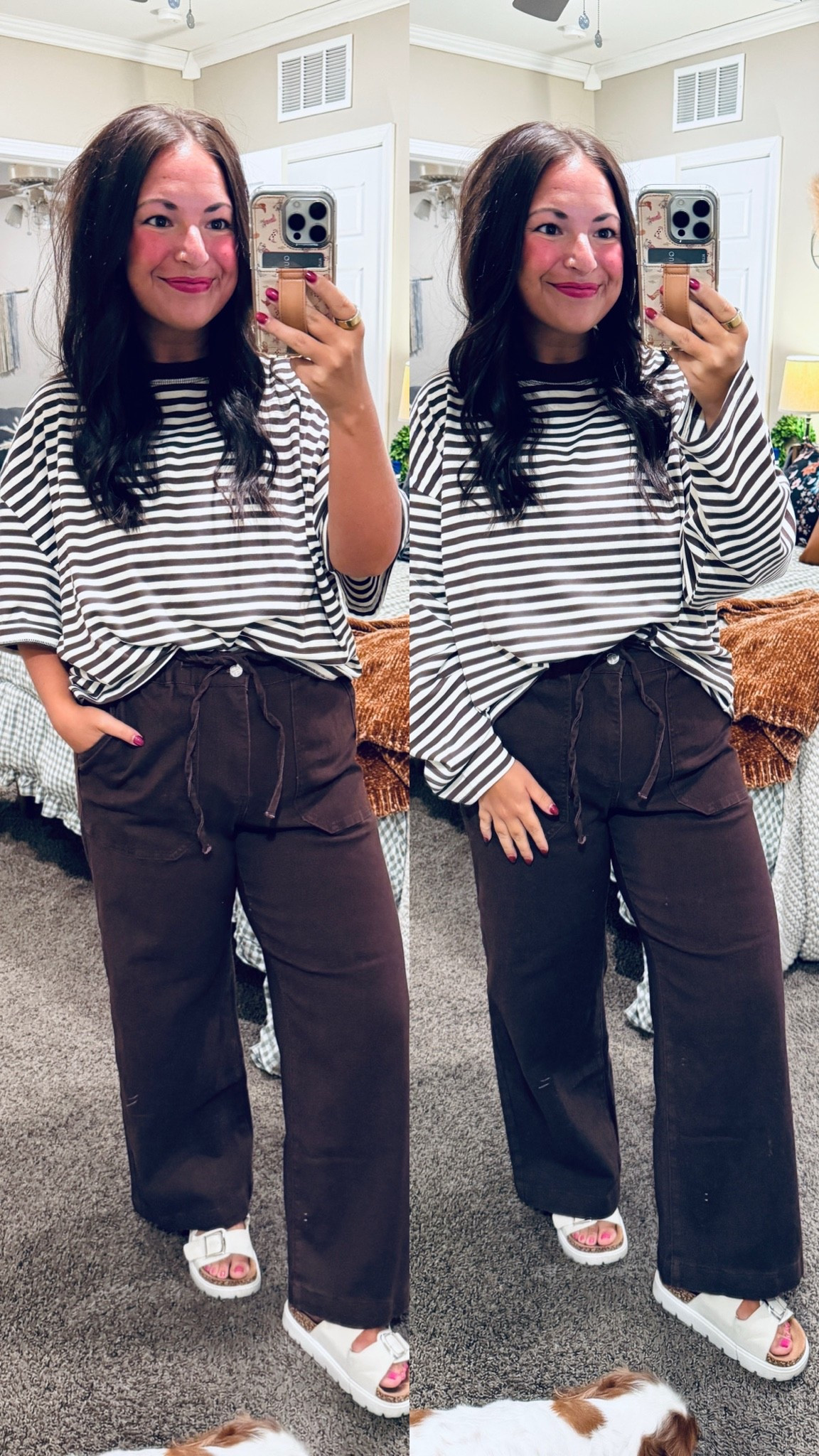 Stretching my wardrobe into fall! 🤎 Keeping the same comfy brown pants & swapping a short-sleeve striped tee for a long-sleeve version as the weather cools down! A simple way to get more wear out of your favorites for a new season.

sandals: sold out, but linking similar options below!
jeans: fit true to size // wearing a large
tees: fit oversized // wearing a large in both 

 #LTKootd #LTKMidsize #LTKWorkwear