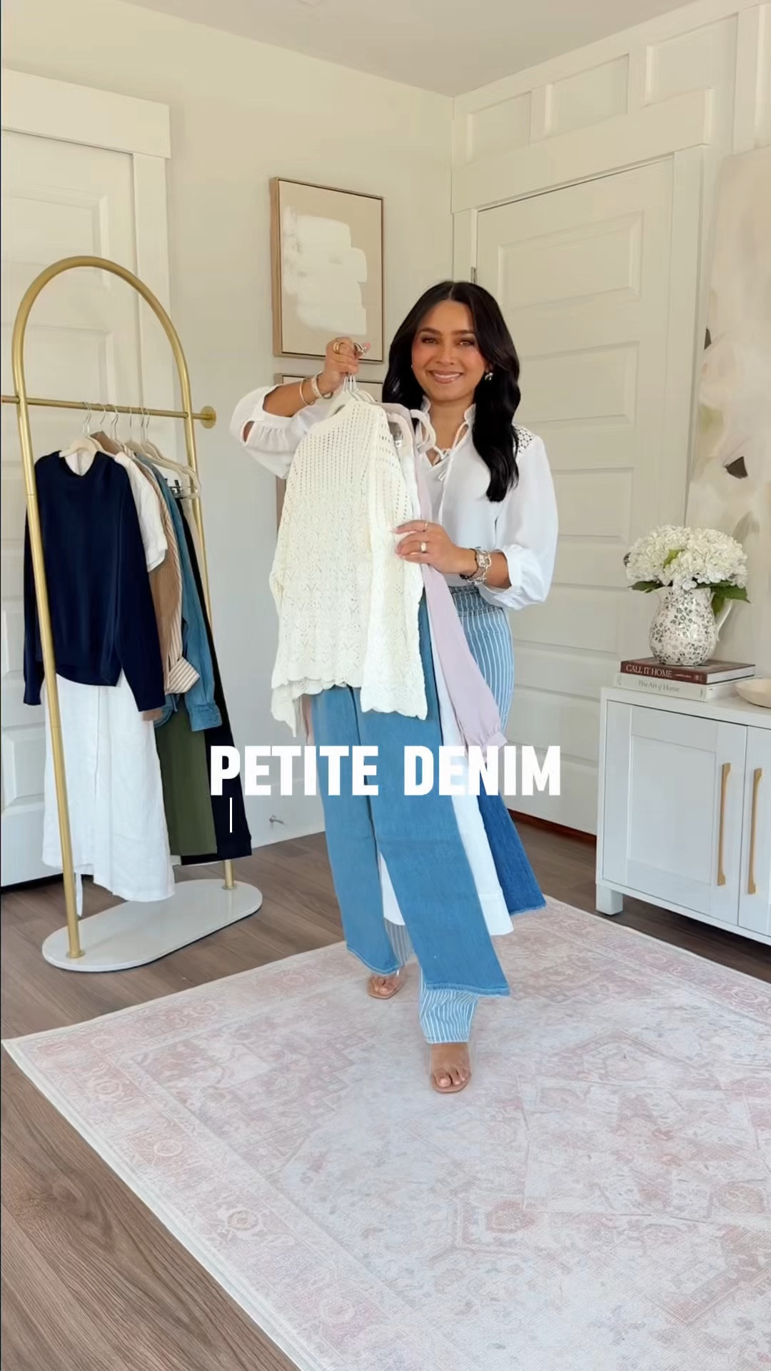 NYDJ Petite denim I reach for on repeat!
For reference: I’m 5’0, petite, 32b bra size, and 2/26 in bottoms, pear shaped.
*Everything I share is unaltered! TTS means true to size. Between size 5–6.5 in shoes

White blouse XXS TTS
Billie Mini Bootcut Ankle Jeans wash Blue Paradise – Size 0 petite, I size down a size in this brand,  25" inseam
Beige heels – Size 5 TTS

Cream sweater XXS TTS
Marilyn Straight Jeans wash Vista Lakes – Size 0 petite, I size down a size in this brand, 29" inseam
Brown sandals are Hermes, similar linked

Blush blouse XXS TTS
Pink sweater XS TTS
Marilyn Straight Jeans wash Vintage White – Size 0 petite, I size down a size in this brand,  27" inseam
Beige sandals – Size 5 TTS

White blouse XXS TTS
Marilyn Straight Jeans wash Azure Stripe – Size 0 petite, I size down a size in this brand,  29" inseam
Clear sandals – Size 5.5 TTS
Denim jacket XXS TTS

Blush blouse XXS TTS 
Teresa Wide Leg Ankle Jeans wash Optic White - Size 0 petite, I size down a size in this brand, 25” inseam
Clear sandals - Size 5.5 TTS 


#LTKPetite #LTKootd #LTKgrwm