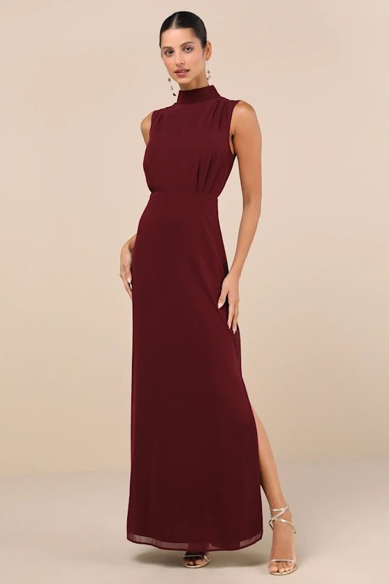 Classic Elegance Plum Chiffon Sleeveless Mock Neck Maxi Dress | Lulus