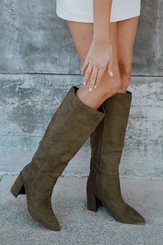 Katari Olive Green Suede Pointed-Toe Knee High Boots | Lulus (US)