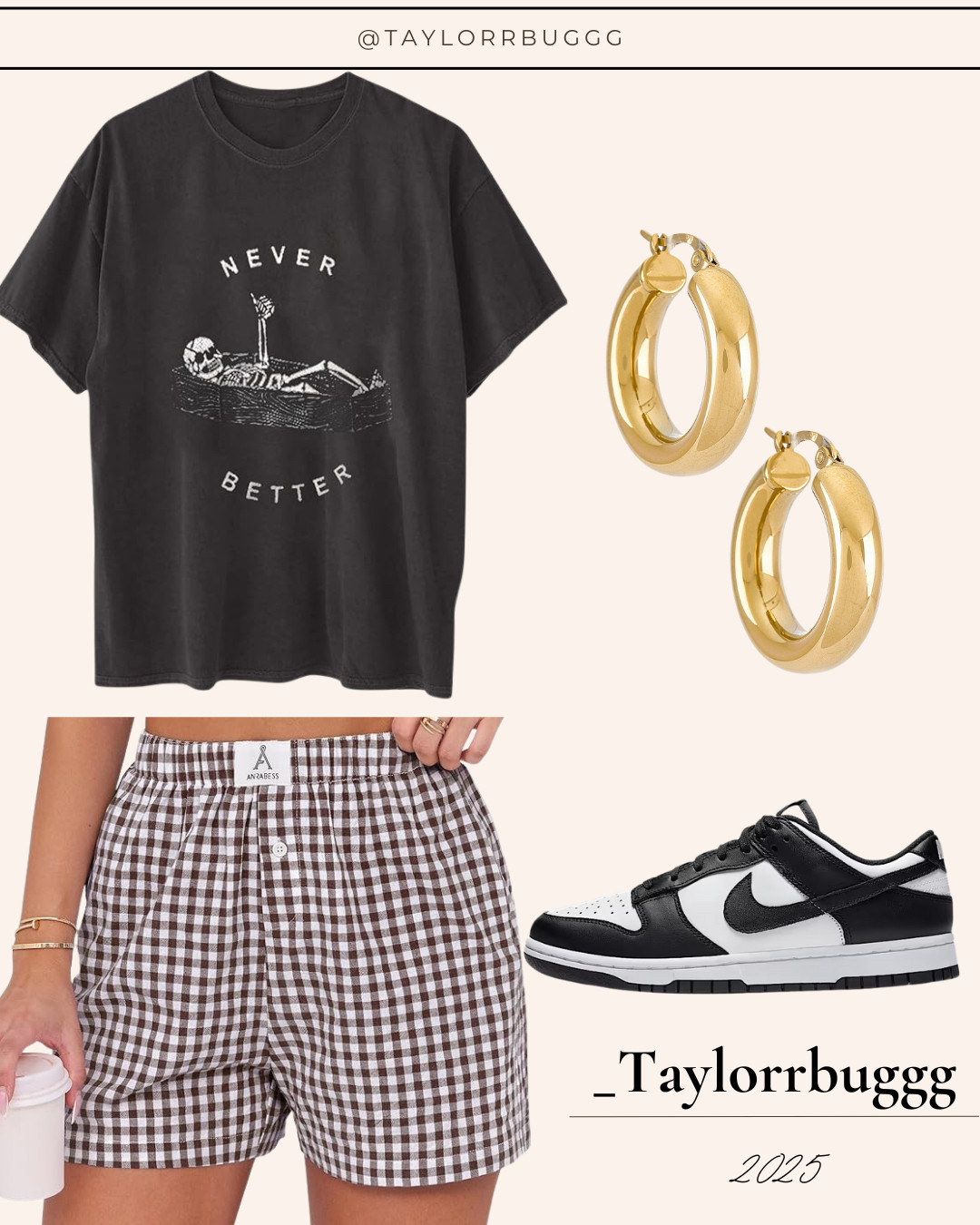 🖤 Effortless + edgy = the perfect everyday vibe 🖤
This casual streetwear outfit is comfy enough for errands but cool enough for brunch or a casual day out.

✨ Gold hoop earrings – Revolve
🖤 Graphic tee – Amazon
🤍🖤 Gingham shorts – Amazon
👟 Classic Nike sneakers – the ultimate everyday staple

This casual athleisure outfit is easy, affordable, and trendy. Perfect for a laid-back weekend look or running errands in style.

 