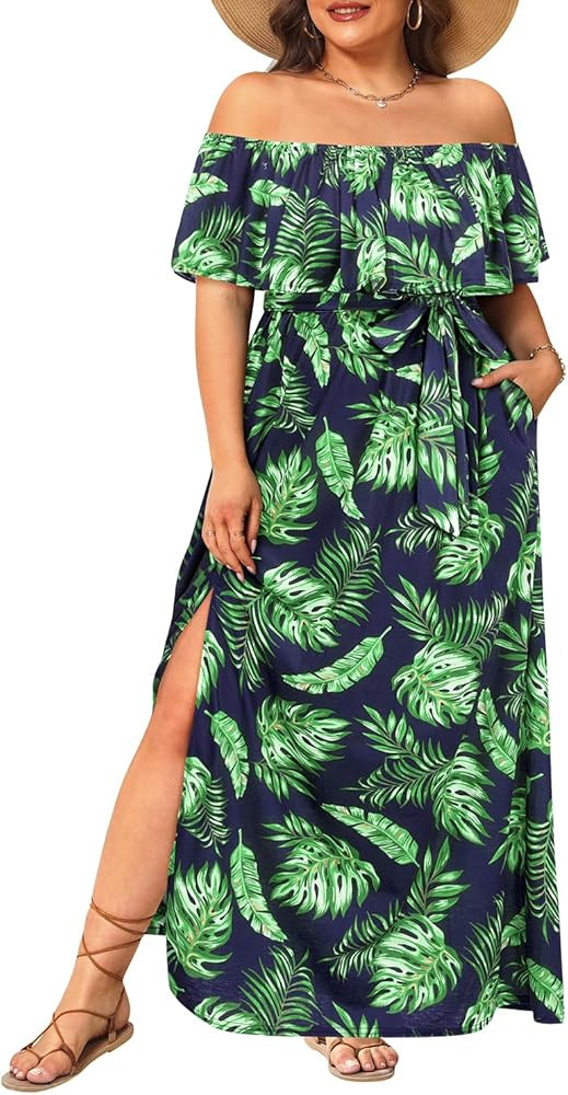 Plus Size Off The Shoulder Maxi Long Casual Beach Dress Pockets Women | Amazon (US)