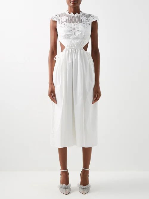 Self-portrait - Cutout Cotton-poplin And Guipure Lace Midi Dress - Womens - White | Matches (US)