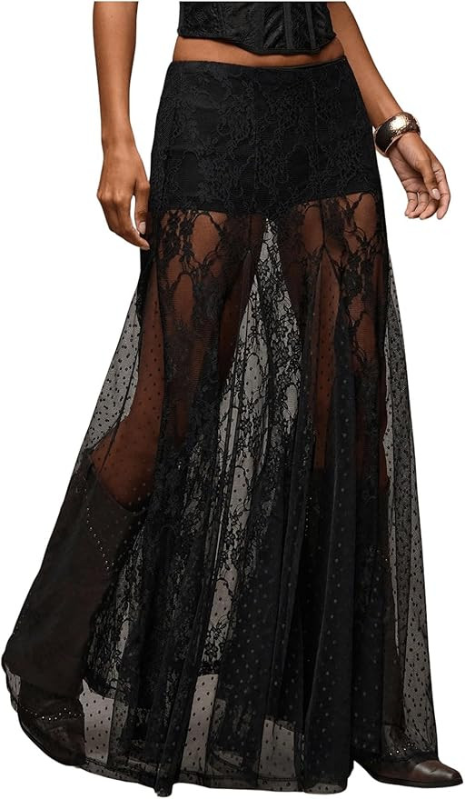 MakeMeChic Women's Lace Sheer Maxi Skirts Floral Polka Dots Ruffle Concert Boho Goth Long Skirts | Amazon (US)