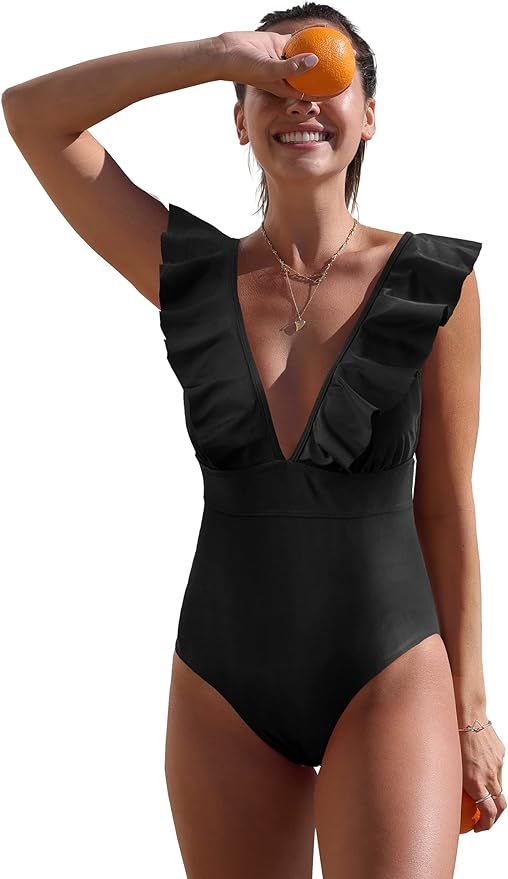SPORLIKE Women One Piece Swimsuit V-Neck Ruffle Bathing Suit Padded Monokini | Amazon (US)