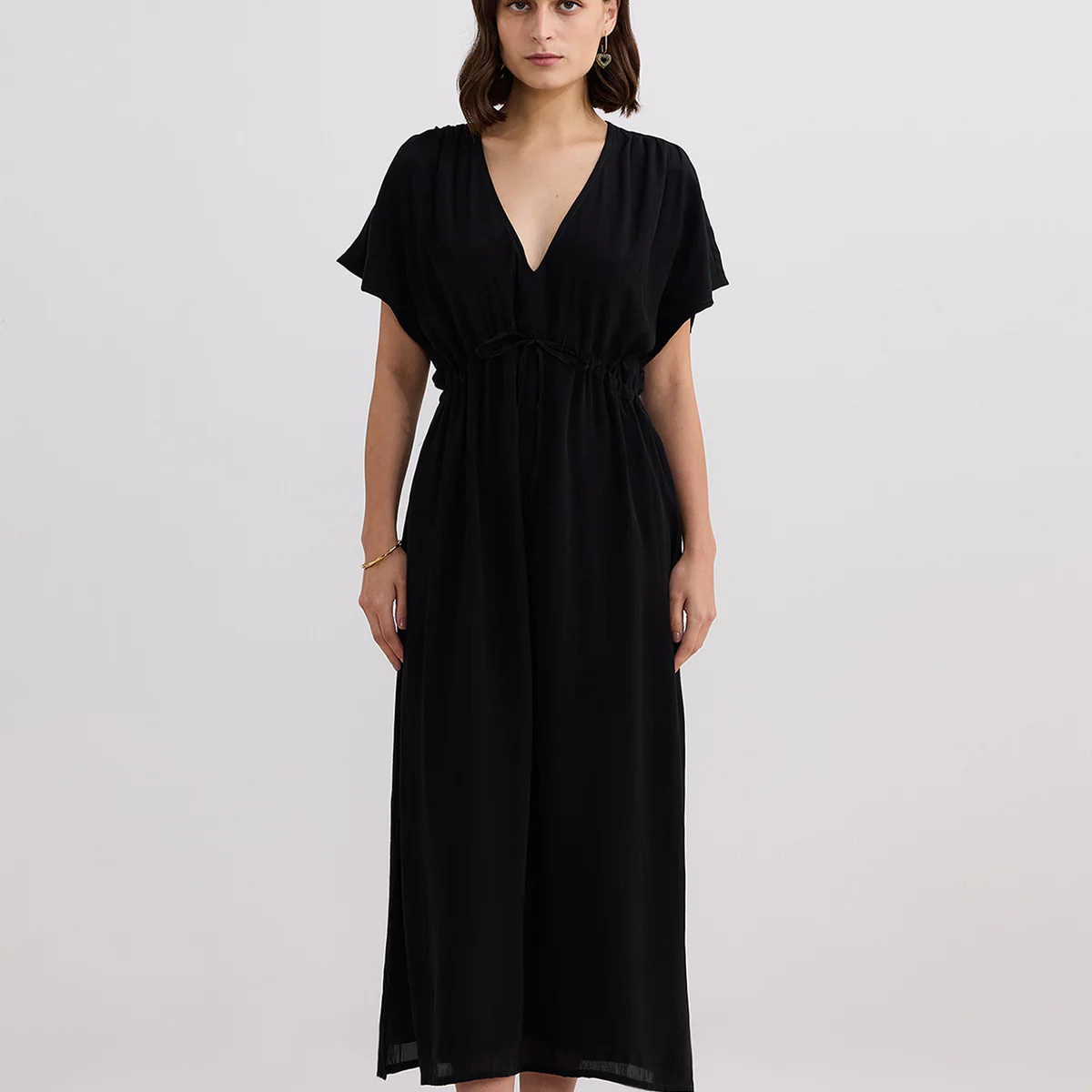 V-neck Gathered Maxi Dress in Black | Reistor