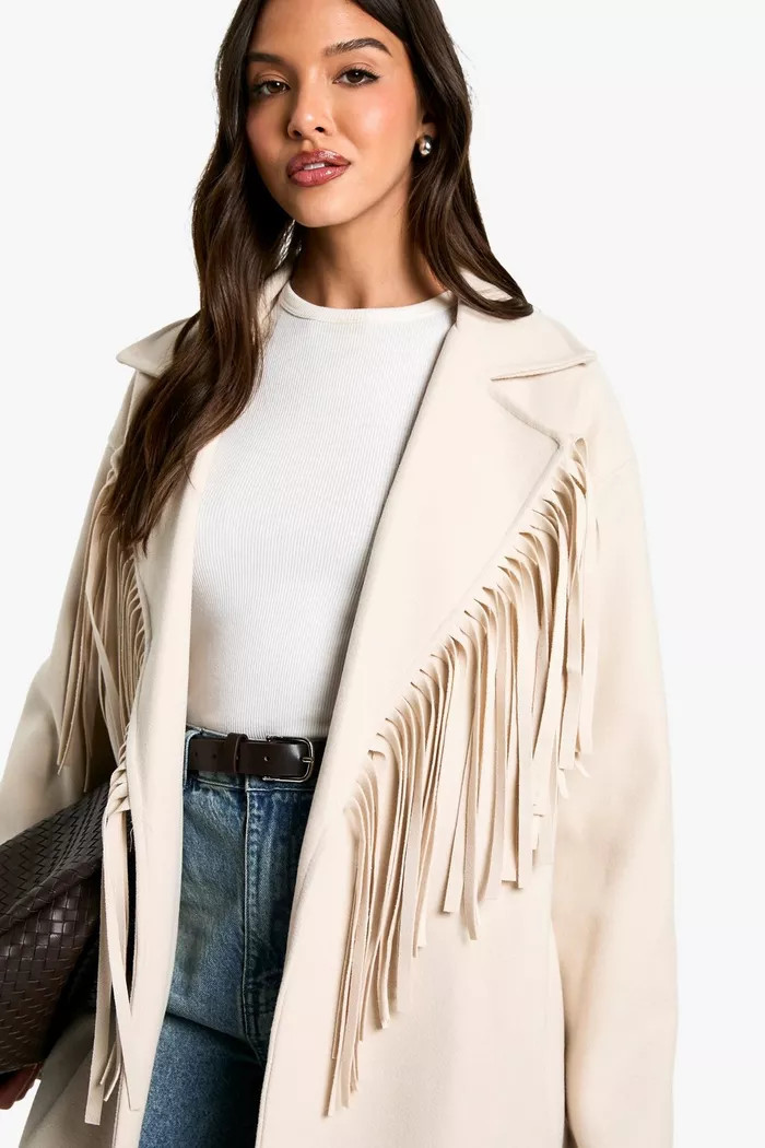 Fringe Detail Wool Look Maxi Coat | boohoo (US & Canada)