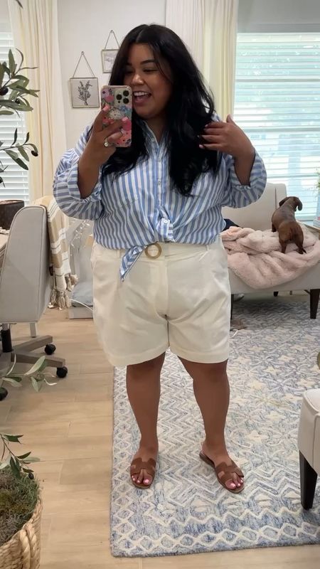 Coastal summer outfit These linen shorts are sooo cute and they are from Walmart! I love the longer length on them! I knotted a striped shirt loosely and paired this look with my Oran  sandals! 

Plus size fashion, Walmart, linen shorts, summer outfit, travel outfit, country concert outfit, Walmart finds, white shorts

#LTKMidsize #LTKPlusSize #LTKSeasonal