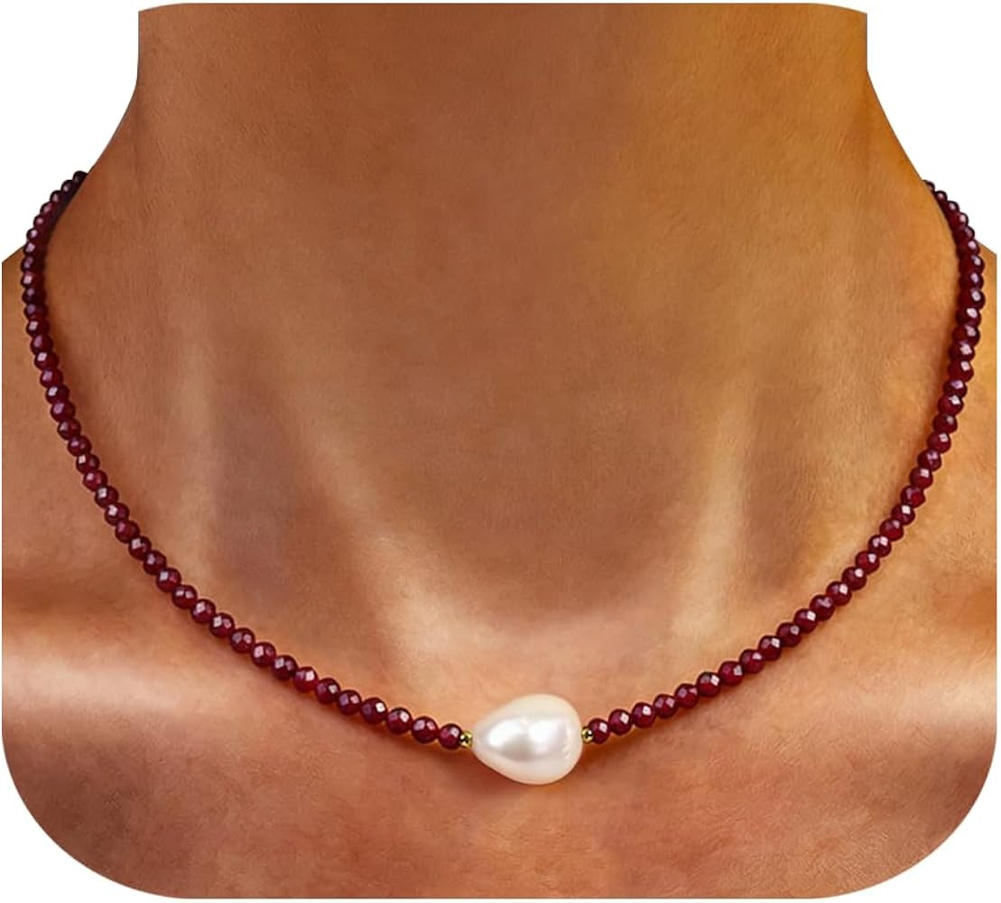Single Pearl Choker Pendant Necklaces for Women, Natural Gemstone Womens Black Stone Beaded Choke... | Amazon (US)