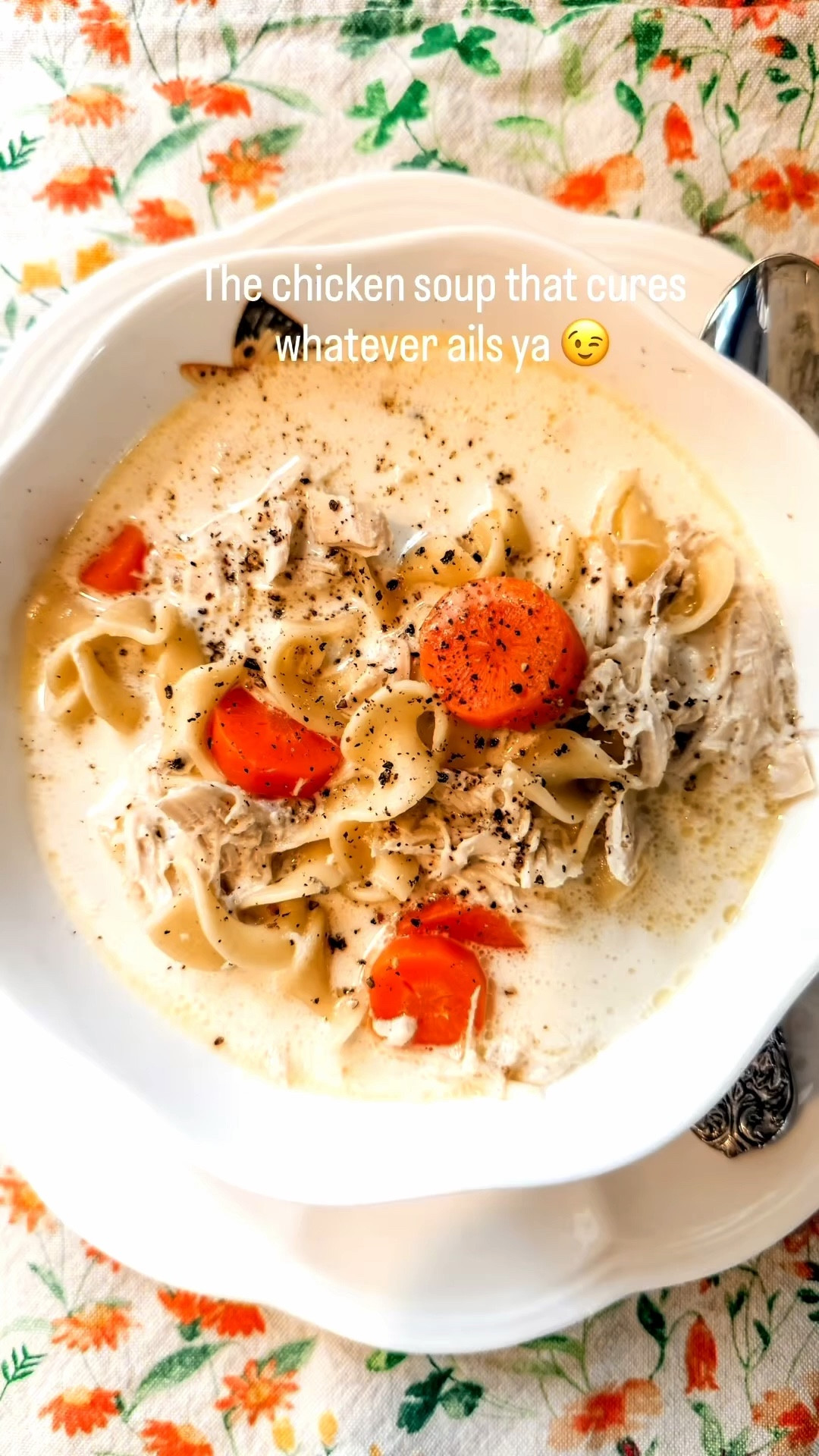 Sick days at our house always mean one thing… homemade chicken noodle soup 🤍

My daughter and grandson aren’t feeling their best, so I went straight to the kitchen and made the one recipe I always come back to. It’s creamy, rich, full of tender chicken, soft noodles, garlic, and just a little kick from crushed red pepper—everything you need in a cozy bowl.

This is one of those recipes that feels like a hug. The kind you make without thinking when your people need a little extra love.

I’m linking a few of my everyday kitchen favorites I used here—from my go-to pot to the simple tools that make this so easy to throw together.

✨ Bessie & Co.’s Chicken Noodle Soup

One whole chicken
4 whole carrots, peeled
1 large onion, peeled + quartered
2 celery stalks
2–3 garlic cloves, smashed
1–2 tsp red pepper flakes
Salt + pepper
1 quart heavy cream
½–1 bag wide egg noodles

Boil chicken, carrots, onion, celery, garlic, salt, pepper, and red pepper flakes for 2 hours.
Turn off heat and let everything cool together on the stovetop for 2–4 hours.

Drain—saving the broth—and return broth to the pot. Taste and adjust seasoning.

Chop carrots + shred chicken and add both back in. Bring to a simmer, then add heavy cream and bring just to a boil.

Add egg noodles and simmer for 10 minutes. Cover and let sit for 20–30 minutes.

Cures whatever ails you 😉

Save this one for the next sick day 🤍

⸻

#carnationnation #southernrootsmodernplates #livingthedash
#comfortfood #cozykitchen #homemade #easyrecipes #southerncooking #chickensoup

#LTKHome #LTKfoodie #LTKOver40