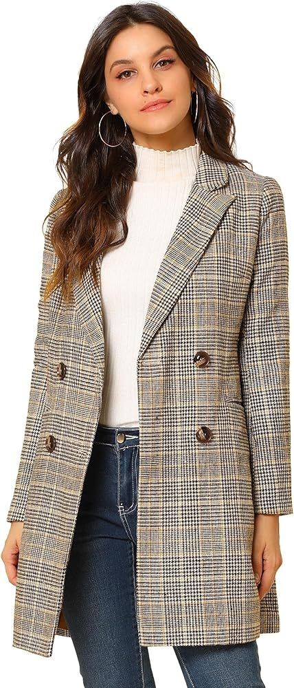 Allegra K Women's Double Breasted Notched Lapel Plaid Trench Blazer Coat | Amazon (US)
