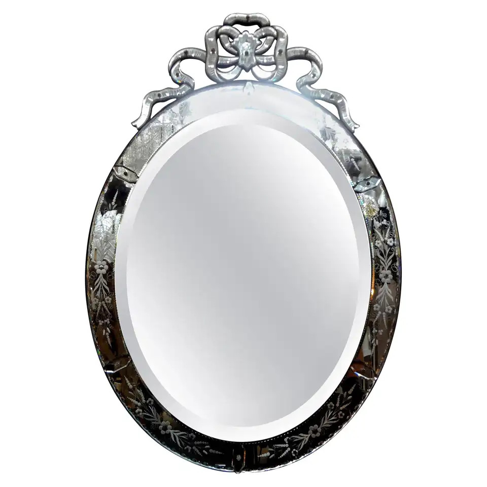 Large Antique Oval Etched Venetian Mirror | 1stDibs