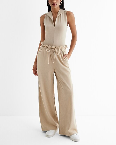 High Waisted Knit Drawstring Paperbag Wide Leg Pant | Express