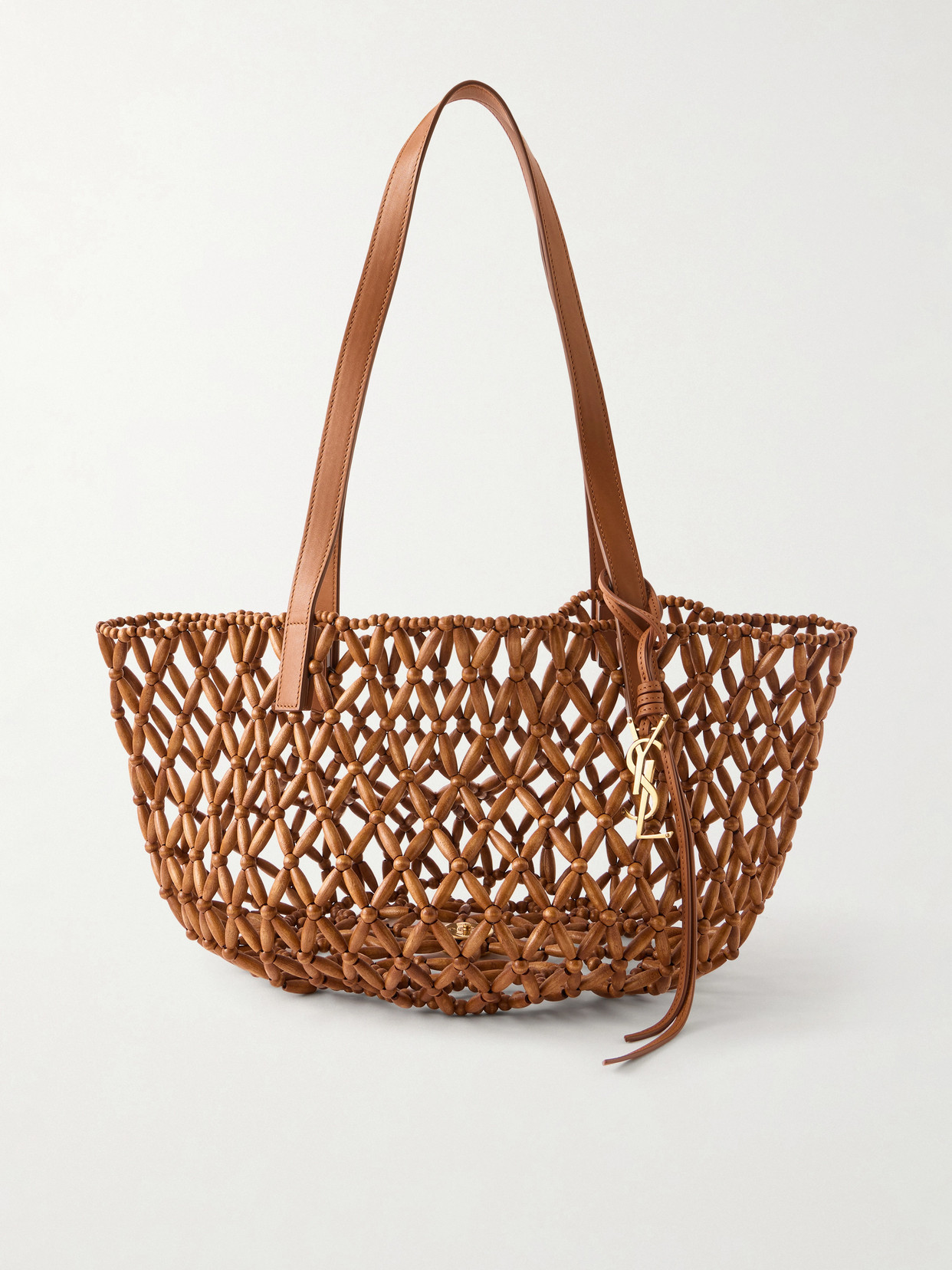 SAINT LAURENT - Panier Small Leather-trimmed Beaded Wood Tote - Red | NET-A-PORTER (US)