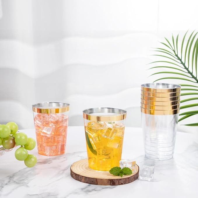 I00000 100PCS Gold Plastic Cups,10 oz Clear Plastic Cups with Gold Trim, Heavy-Duty Disposable Ha... | Amazon (US)