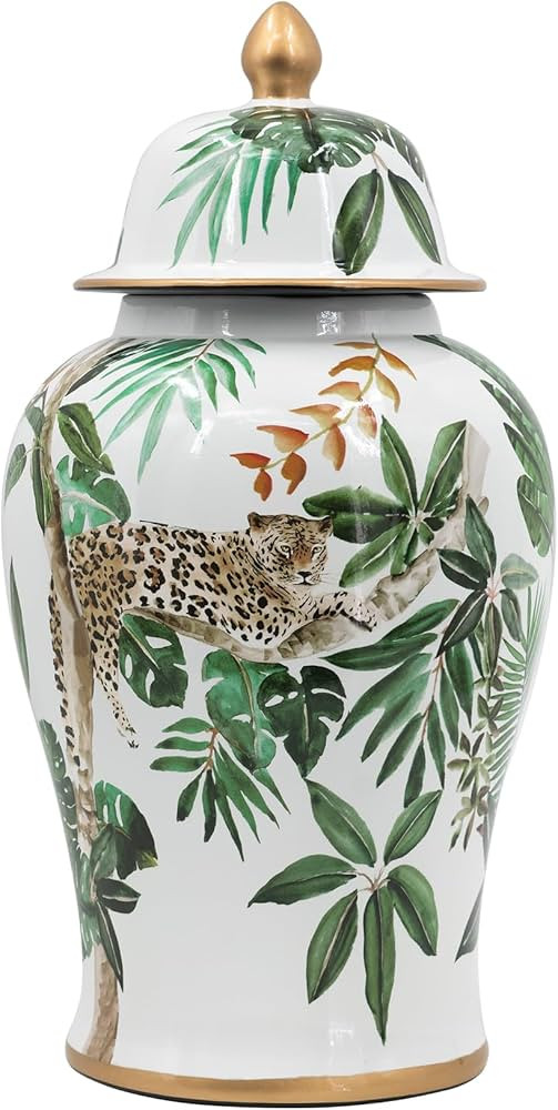 A&B Home 18" Porcelain Ginger Jar with Green Leaf Pattern, Large Lidded Jar for Storage, Home Dec... | Amazon (US)