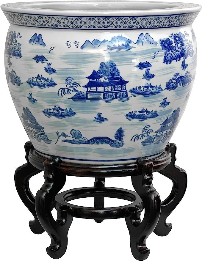 Amazon.com: Oriental Furniture 14" Landscape Blue & White Porcelain Fishbowl : Patio, Lawn & Gard... | Amazon (US)