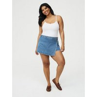 High-Rise Straight Leg Wrap A-Line Denim Skort in Mediumblue-Denim | Torrid (US & Canada)