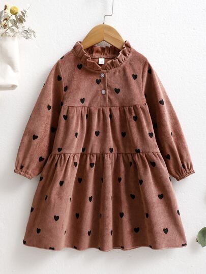 Toddler Girls Frill Neck Heart Print Corduroy Smock Dress | SHEIN