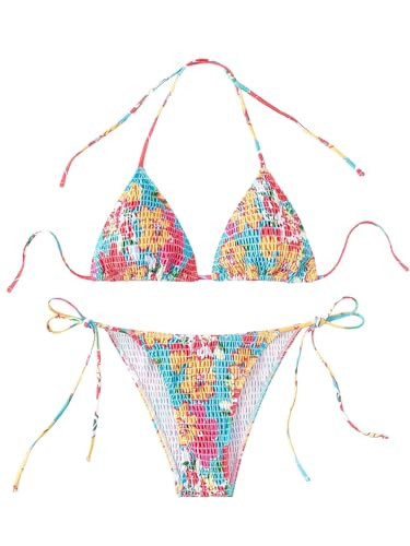 SweatyRocks Women's 2 Piece Triangle Bathing Suit Halter Top ​Tie Side Thong Bikini Swimsuits Pink and Blue X-Small | Amazon (US)