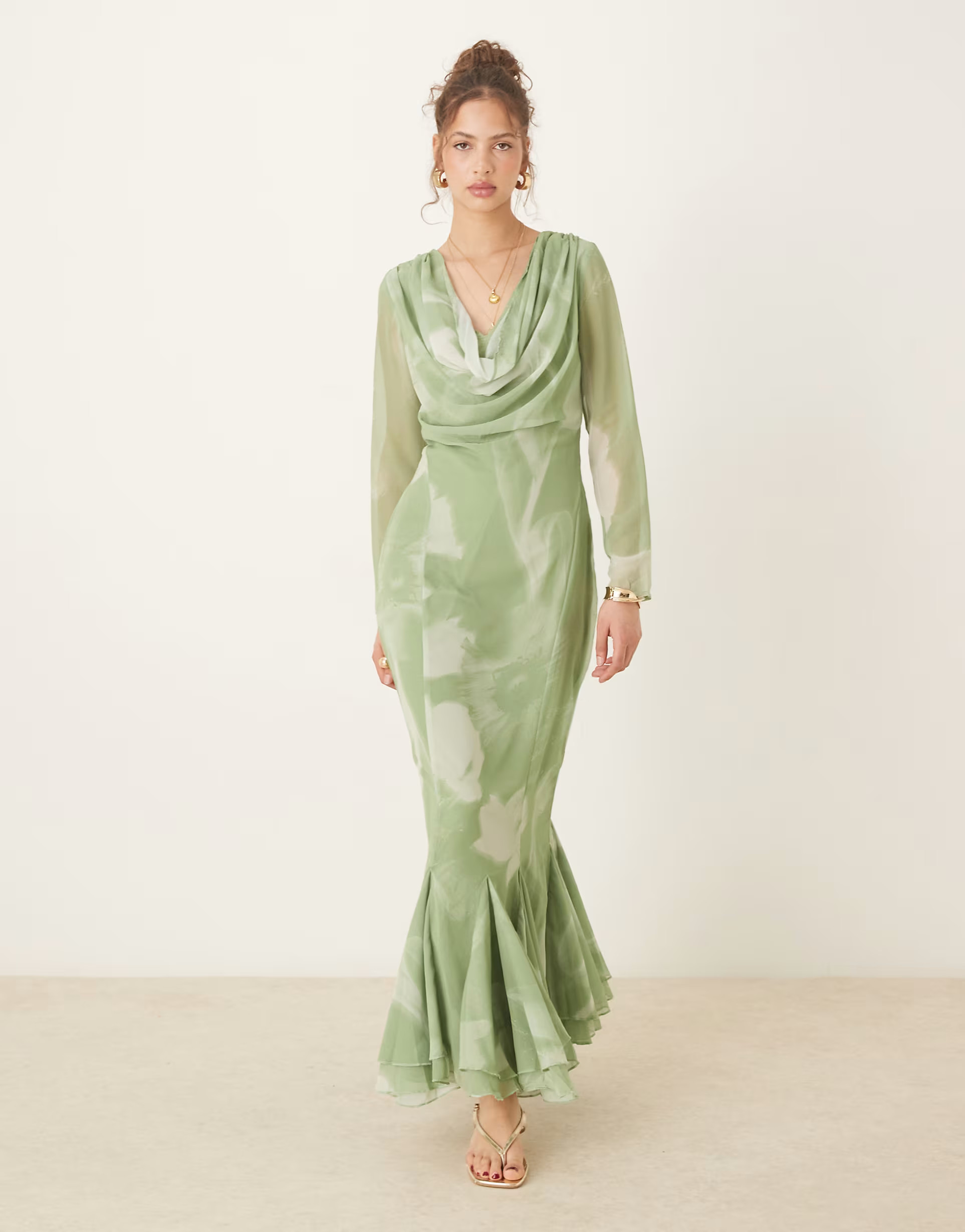 ASOS DESIGN cowl neck maxi dress with godet hem in blurred green print | ASOS (Global)