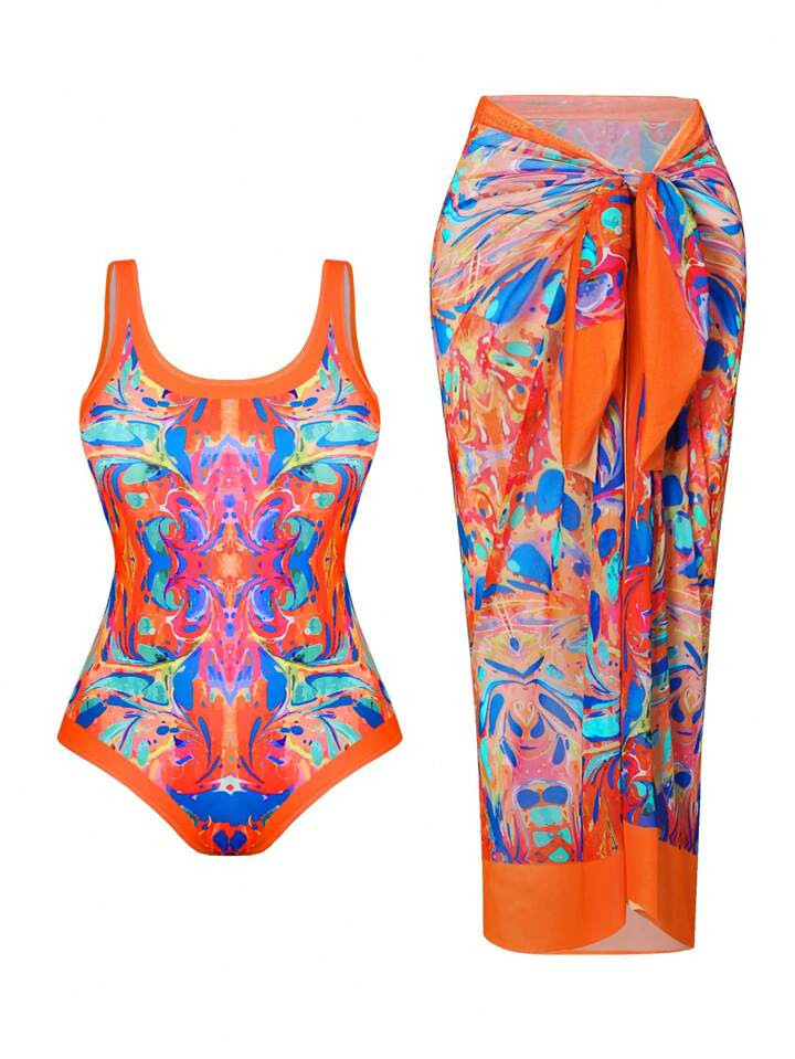 SHEIN Swim Oasis Plus Size Summer Beach Allover Print One Piece Swimsuit With Spaghetti Strap, Ma... | SHEIN