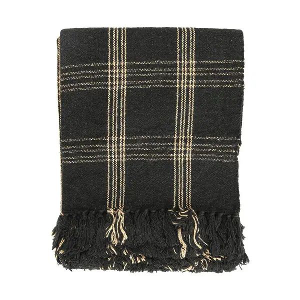 Plaid Black & Tan Fringed Woven Cotton Blend Throw - Overstock - 33744364 | Bed Bath & Beyond