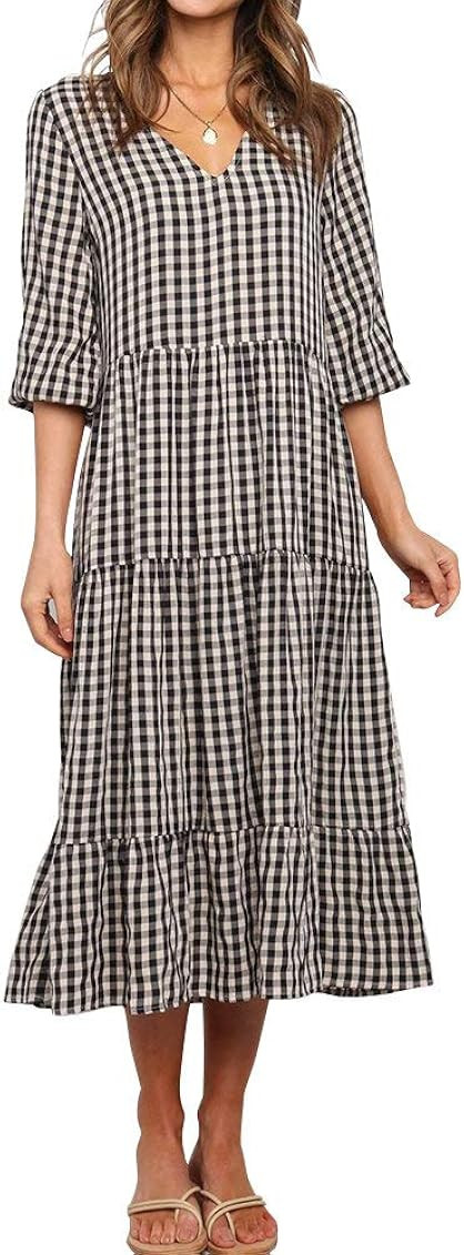 LunaJany Women's Casual Gingham 3/4 Sleeve Tiered Midi Dress | Amazon (US)