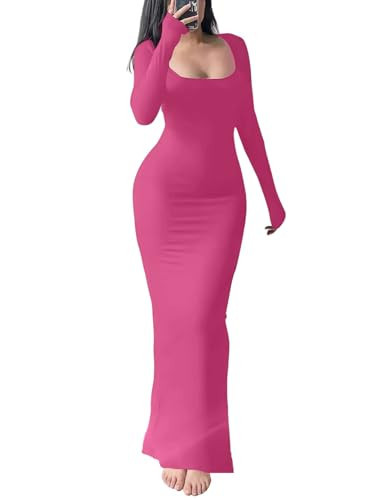 HBQ Women's Bodycon Maxi Dress Long Sleeve Square Neck Lounge Dresses Sexy Night Out Party Dress-Rose Pink-XL | Amazon (US)