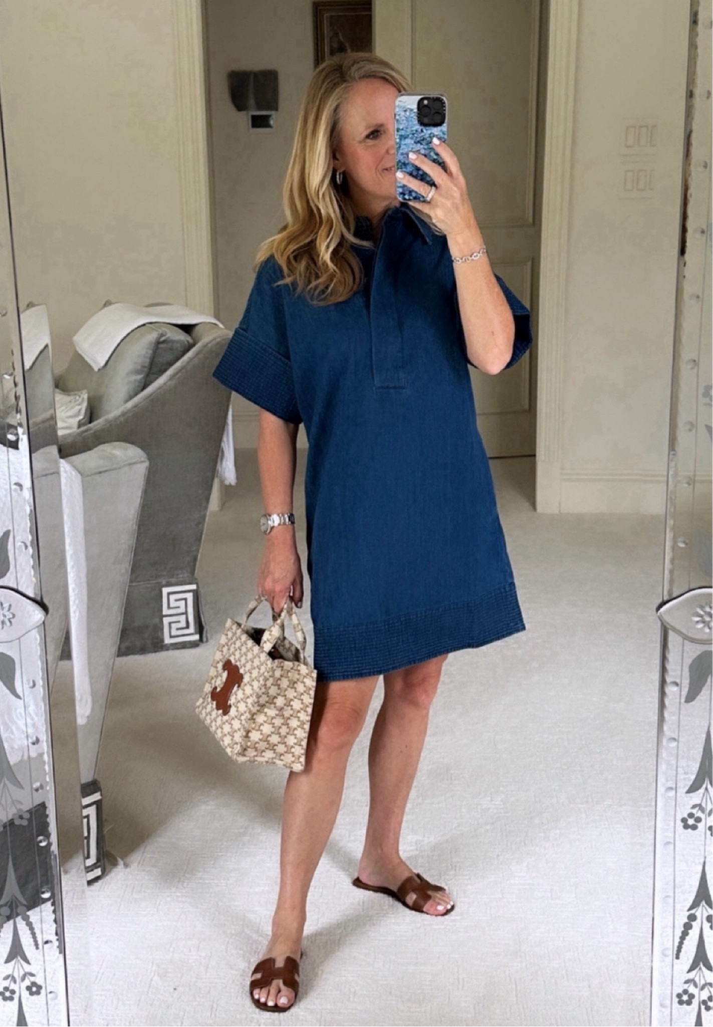 Lightweight denim shirtdress from Tuckernuck with cuff sleeve and trapunto stitching on the sleeve and hem 
Great casual day dress for school meetings and lunch with friends 
Celine tote
Brown sandals

#LTKOver40 #LTKSeasonal #LTKStyleTip