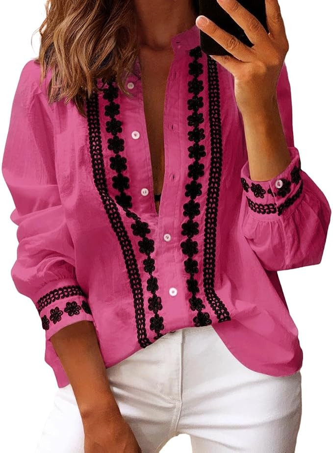 Theenkoln Womens Work Button Blouses: Long Sleeve V Neck Lace Casual Button Down Fall Trendy Shir... | Amazon (US)
