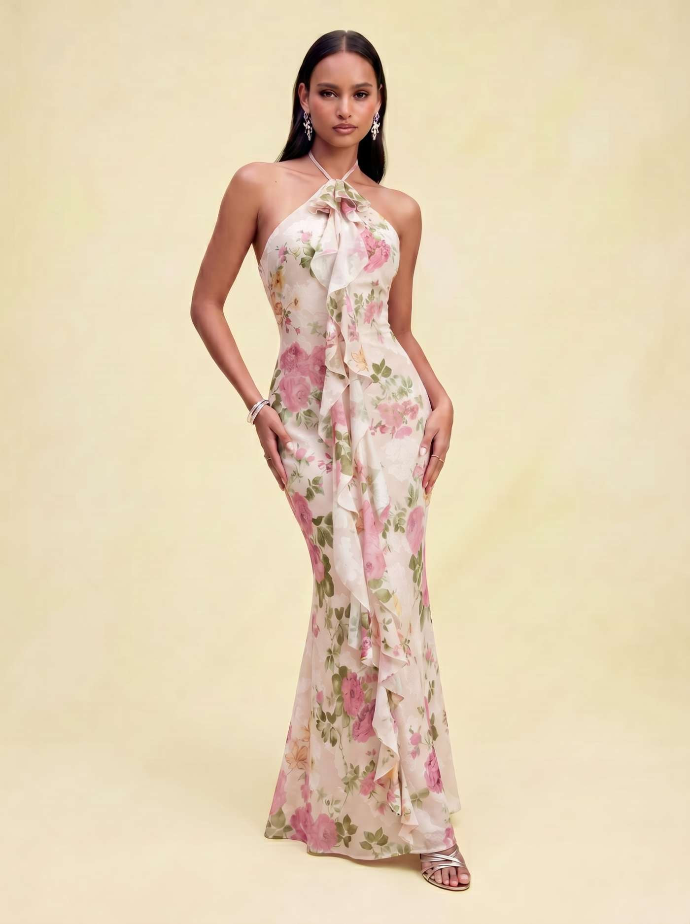 Chiffon Jacquard Floral Halter Neckline Ruffle Mermaid Maxi Dress | Cider
