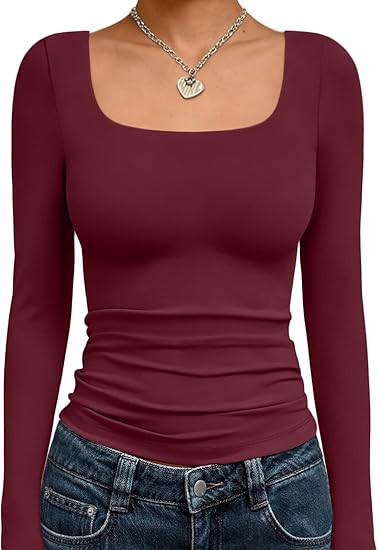 Trendy Queen Womens Long Sleeve Shirts Crop Tops Fall Fashion 2025 Square Neck Going Out Basics T... | Amazon (US)