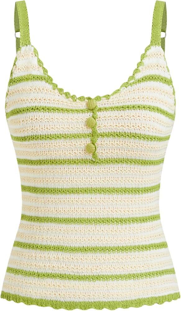 CIDER Cute Summer Tops for Women Going Out Cute Y2K Striped Sleeveless Crochet Knitted Scoop Neck... | Amazon (US)