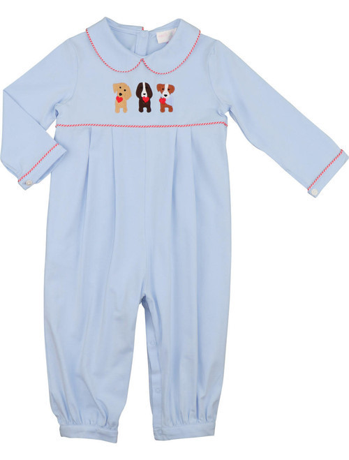 Blue Knit Embroidered Dogs And Valentines Long Romper | Cecil and Lou