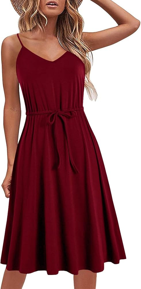Women's Casual Summer Dress Beach Sleeveless Spaghetti Strap Adjustable Waist A Line Sun Dresses ... | Amazon (US)