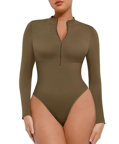 FeelinGirl Long Sleeve Body Suit for Women Mock Turtle Neck Zip Up Bodysuit Ribbed Deep V Bodysuit Olive M/L | Amazon (US)