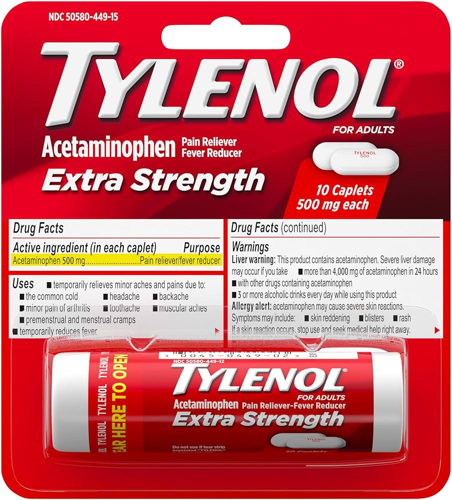 Tylenol Extra Strength 500 mg Acetaminophen Caplets, Pain Reliever & Fever Reducer, Acetaminophen... | Amazon (US)