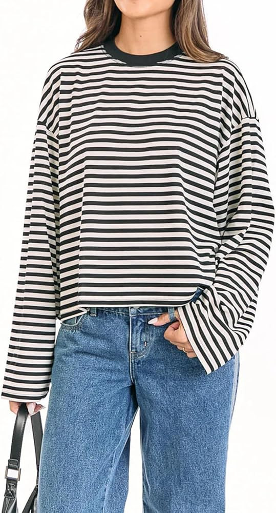 Y2k Womens Striped Cropped Shirt Drop Shoulder Long Sleeve Crewneck Sweatshirt Fairy Grunge Sweat... | Amazon (US)