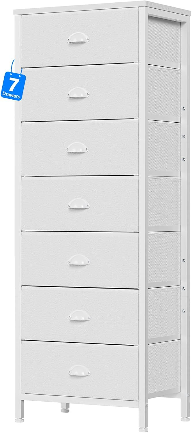 Furnulem White Tall Dresser for Bedroom with 7 Drawers, Vertical Chest of Drawer in Closet, Nightstand Storage Tower Unit Organizer with Fabric Bins for Dorm,Living Room,Entryway,Hallyway | Amazon (US)