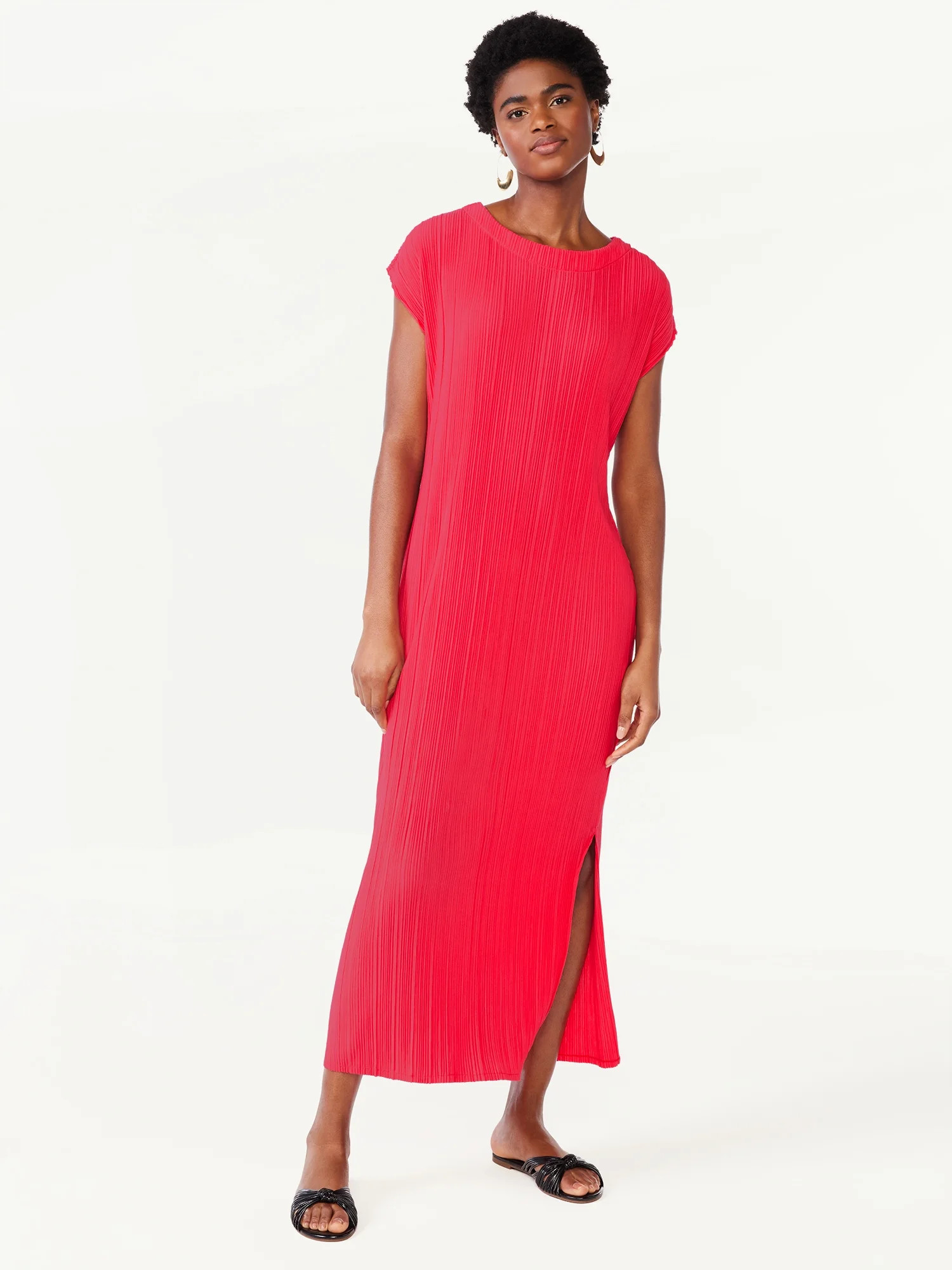 Scoop Women's Crinkle Knit Midi Dress with Short Dolman Sleeves, Sizes XS-XXL | Walmart (US)