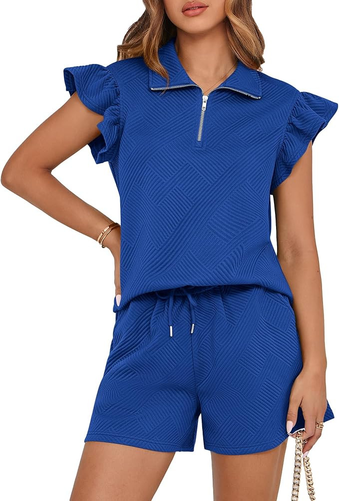 BTFBM Womens 2 Piece Outfits Spring Sweatsuit Zipper V Neck Casual Ruffle Cap Sleeve Tops Drawstr... | Amazon (US)